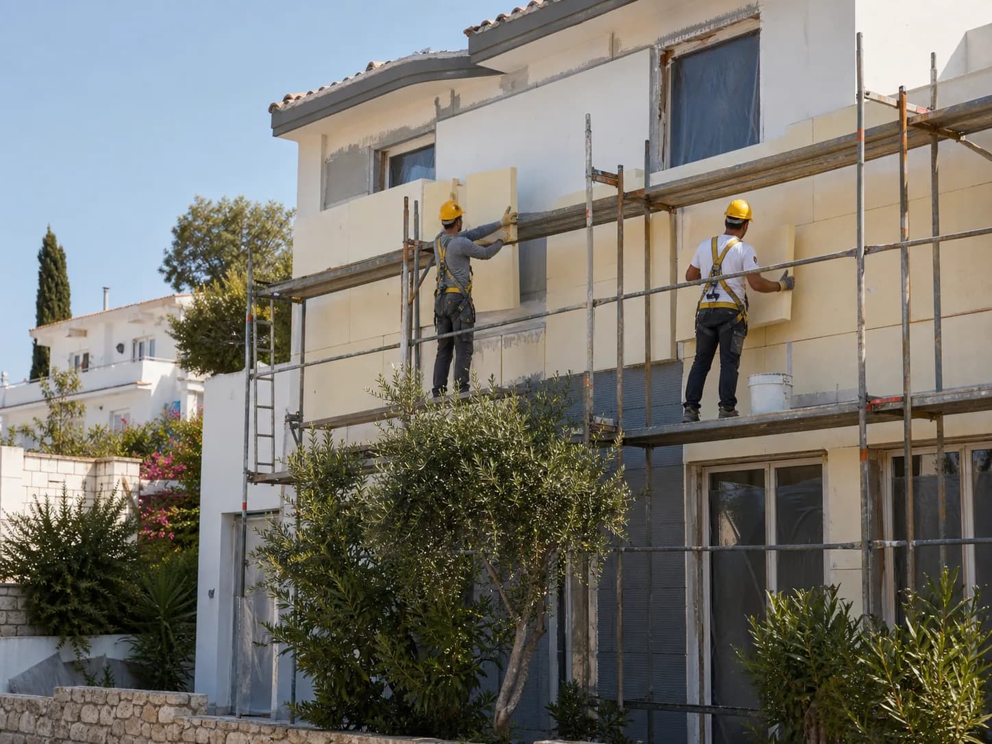 Urla'da dış cephe mantolama levhası uygulayan ustalar